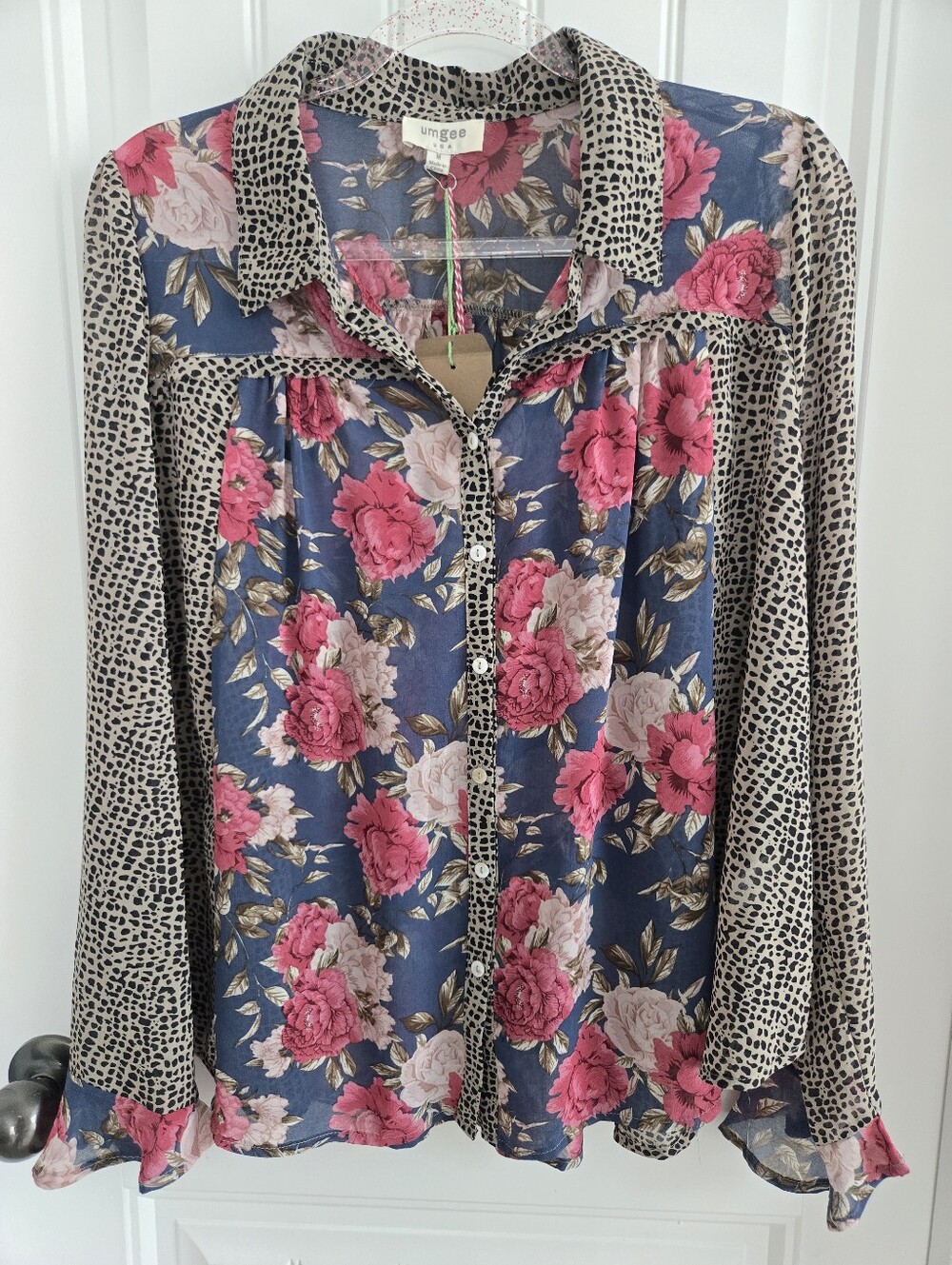 Umgee Blue Floral Blouse with Pink Roses and Leopard Trim